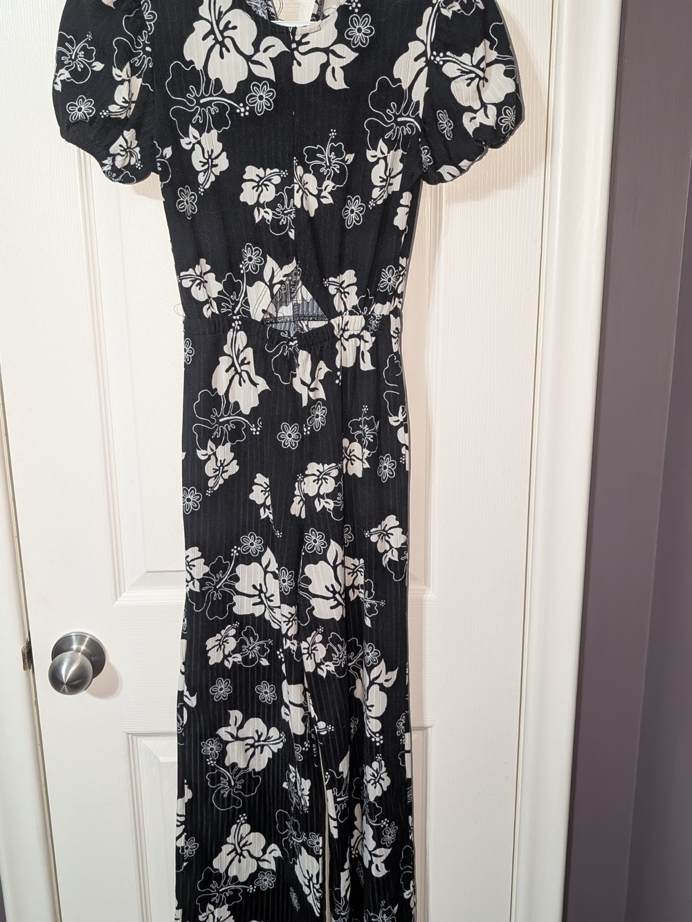Rebel Sugar Black & White Floral Jumpsuit with Puff Sleeves